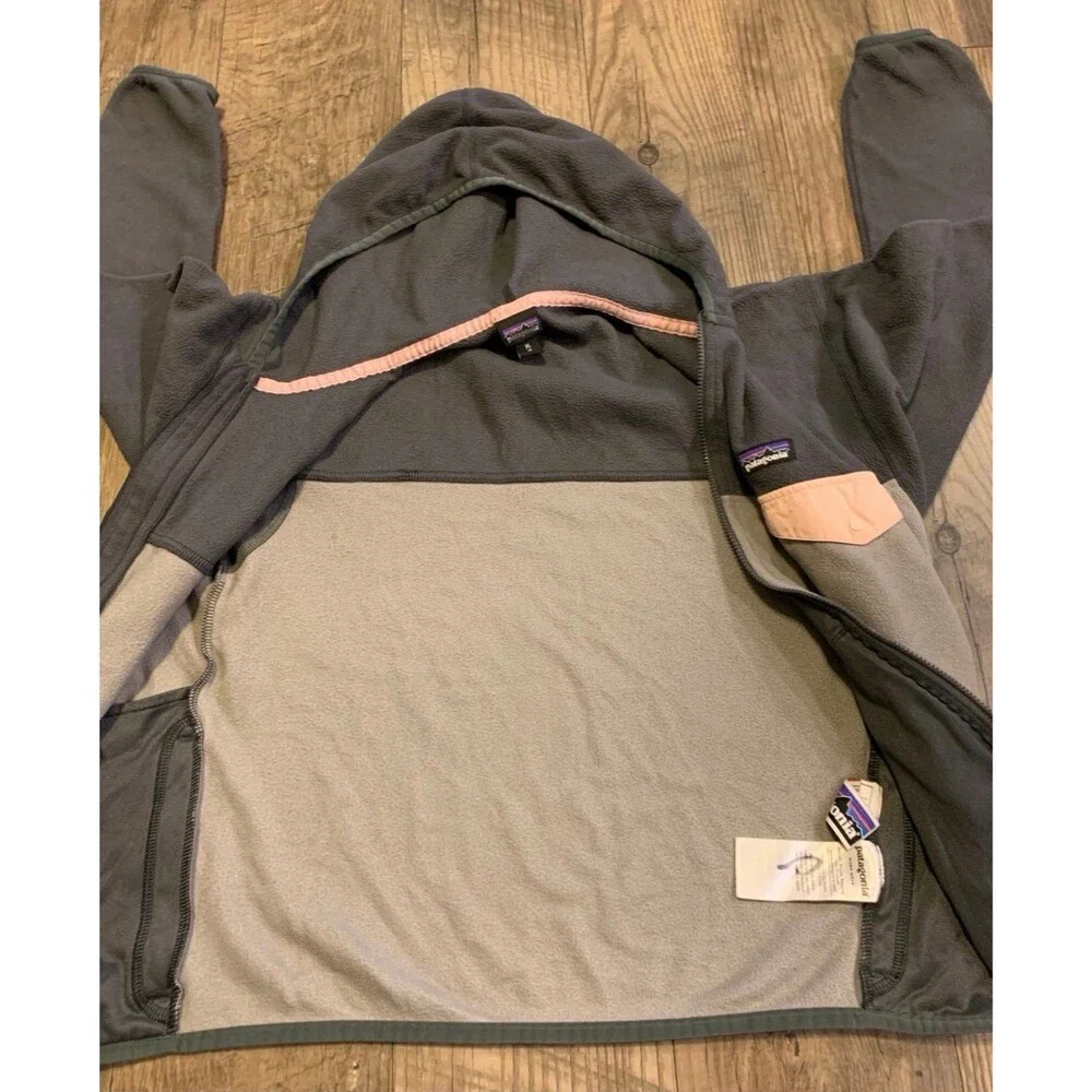 Patagonia Fleece Hooded Jacket Gray Pink Girls Size XL(14)